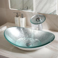 Oval Glass Vessel Sink with Faucet and Pop-Up Drain 22x14 Inch Silver Tempered Glass Bathroom Washbasin Boat Shape Design Top Mount Bowl Sinks For Modern Bathrooms Vanities