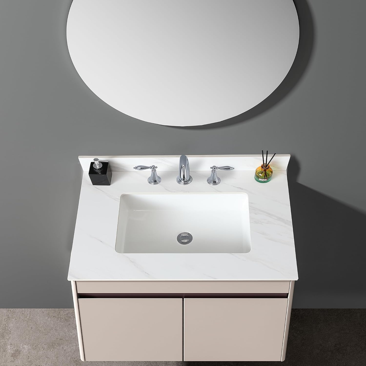 Leavader 31 x 22 Inch Bathroom Vanity with Sink, Elegant White Sintered Stone Marble Top with Rectangular Undermount Sink & Backsplash