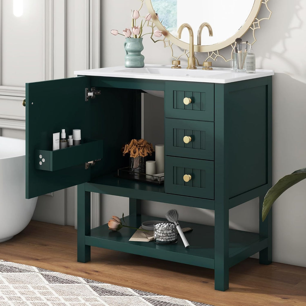 LUMISOL 30' Bathroom Vanity with Sink, Modern Bathroom Storage Vanity with 2 Drawers, Open Shelf & Storage Door, Solid Wood Bathroom Cabinet with Ceramic Sink, Green
