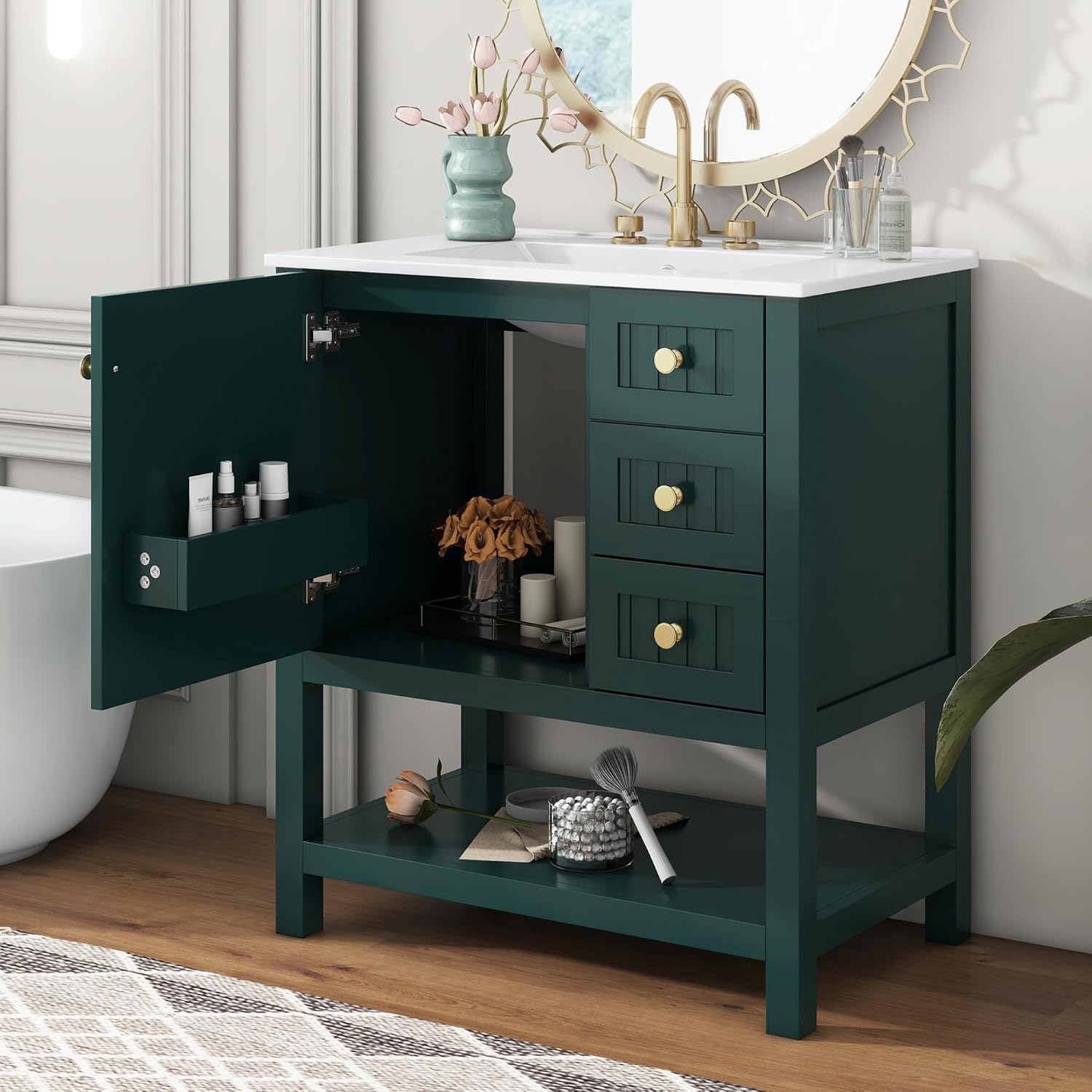 LUMISOL 30' Bathroom Vanity with Sink, Modern Bathroom Storage Vanity with 2 Drawers, Open Shelf & Storage Door, Solid Wood Bathroom Cabinet with Ceramic Sink, Green