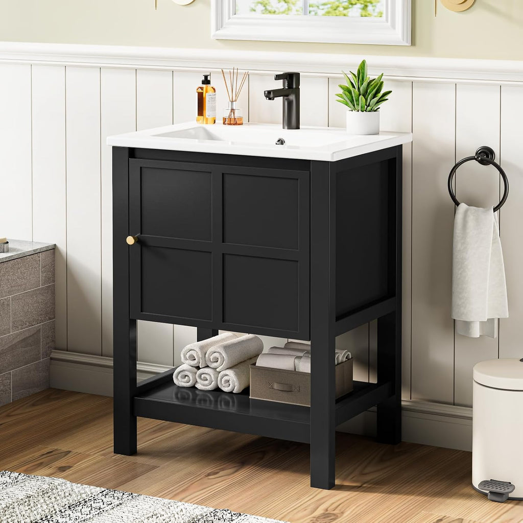 24 Inch Bathroom Vanity with Sink, Small Farmhouse Freestanding Bathroom Cabinet Combo Set, Soft Closing Door and Open Storage Shelf, Black