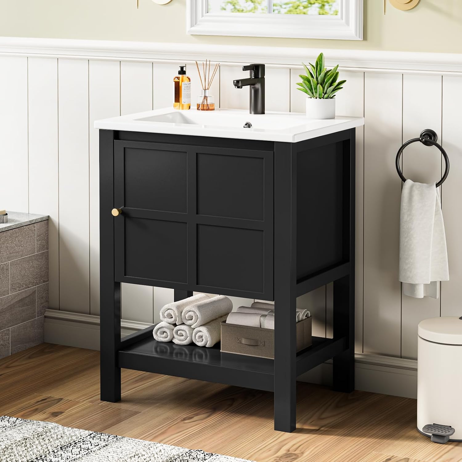 24 Inch Bathroom Vanity with Sink, Small Farmhouse Freestanding Bathroom Cabinet Combo Set, Soft Closing Door and Open Storage Shelf, Black