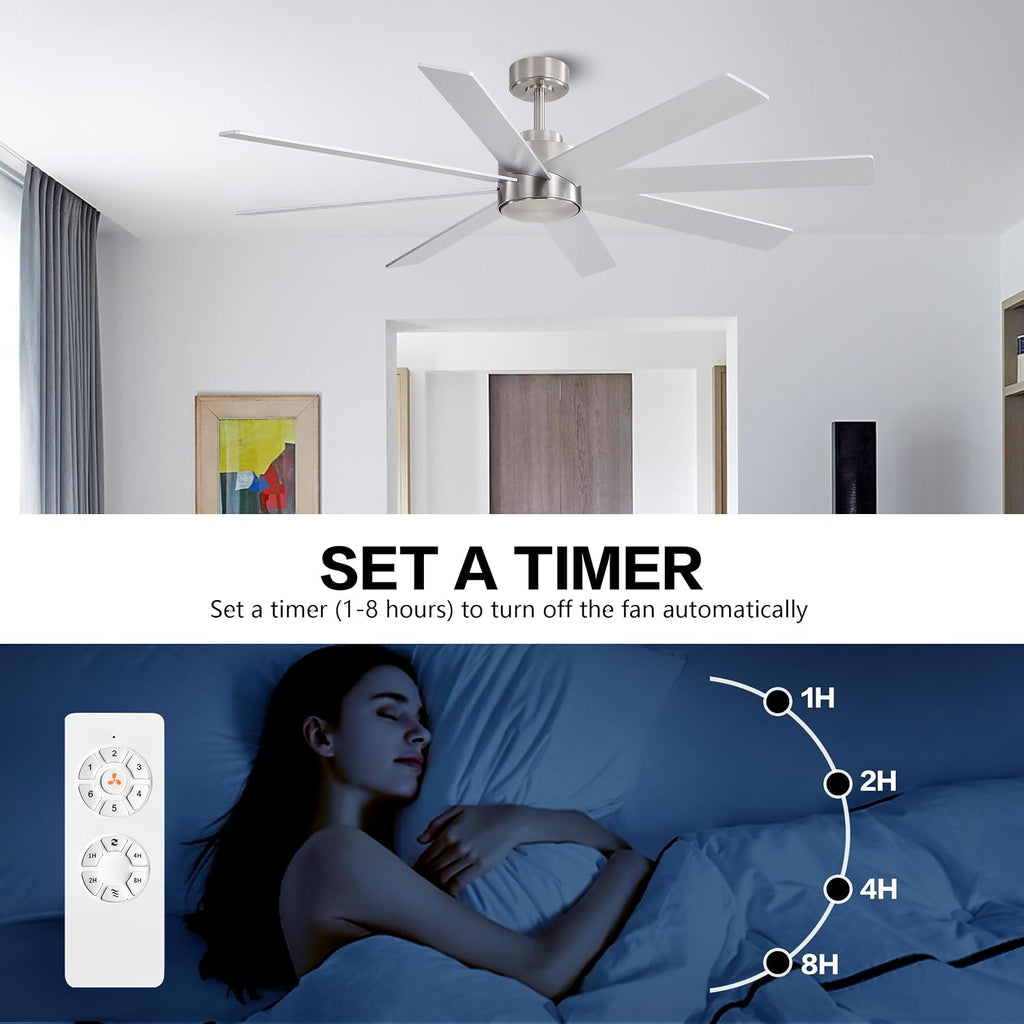 WINGBO 72' Large DC Ceiling Fans without Lights, 3 Downrods, 8 Plywood Blades, 6-Speeds Reversible DC Motor, Indoor Ceiling Fan No Lights for Bedroom Living Room Patio, Brushed Nickel and Silver