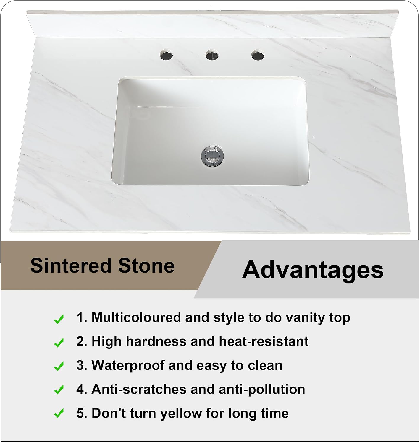 Leavader 31 x 22 Inch Bathroom Vanity with Sink, Elegant White Sintered Stone Marble Top with Rectangular Undermount Sink & Backsplash