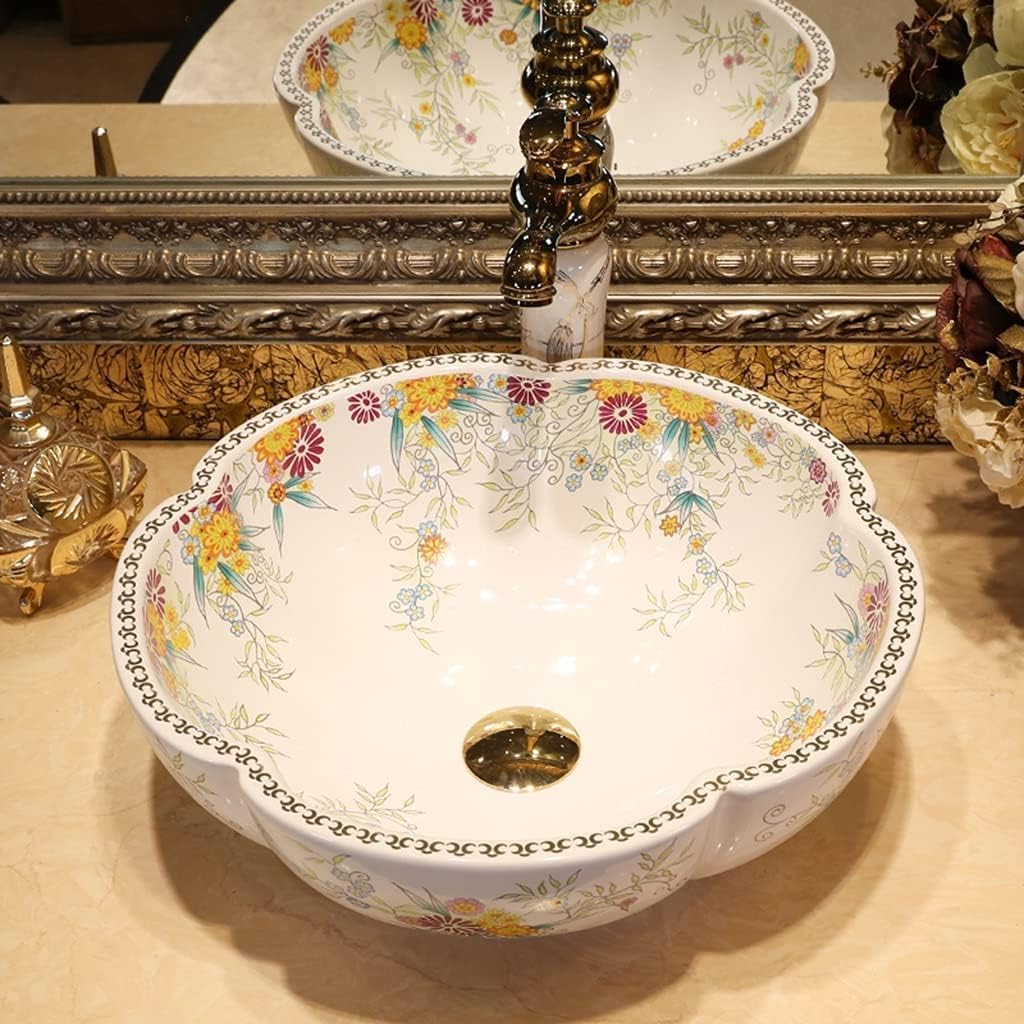 Bathroom Basin Vessels Sink Countertop Basin, Vanity Sink Tops Petal-Shaped Bathroom Sink, European-Style Ceramic Art Basin for Household Use,White-42 * 15cm