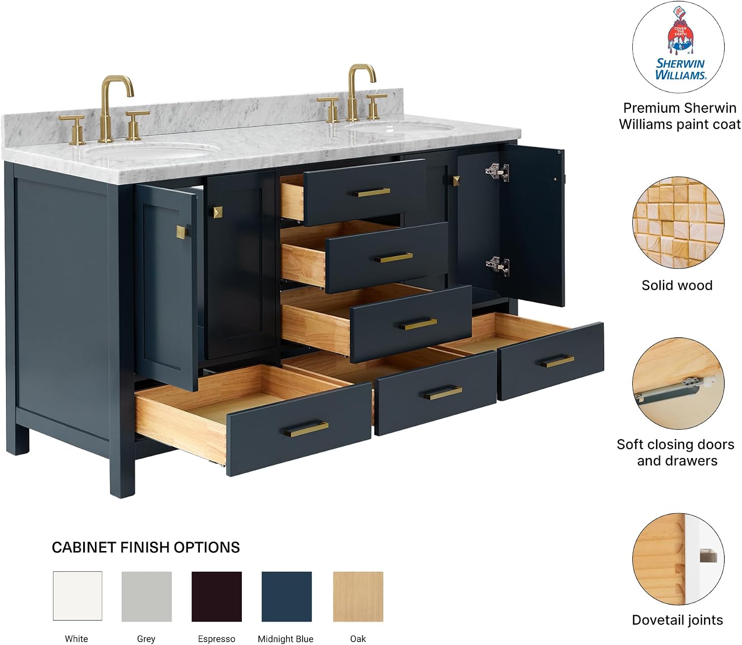 DKB Beckford 66' Midnight Blue Double Bathroom Vanity, 1.5' Edge Italian Carrara Marble Countertop, 2 Oval Undermount Sinks, 4 Soft Closing Doors, 6 Dovetail Drawers