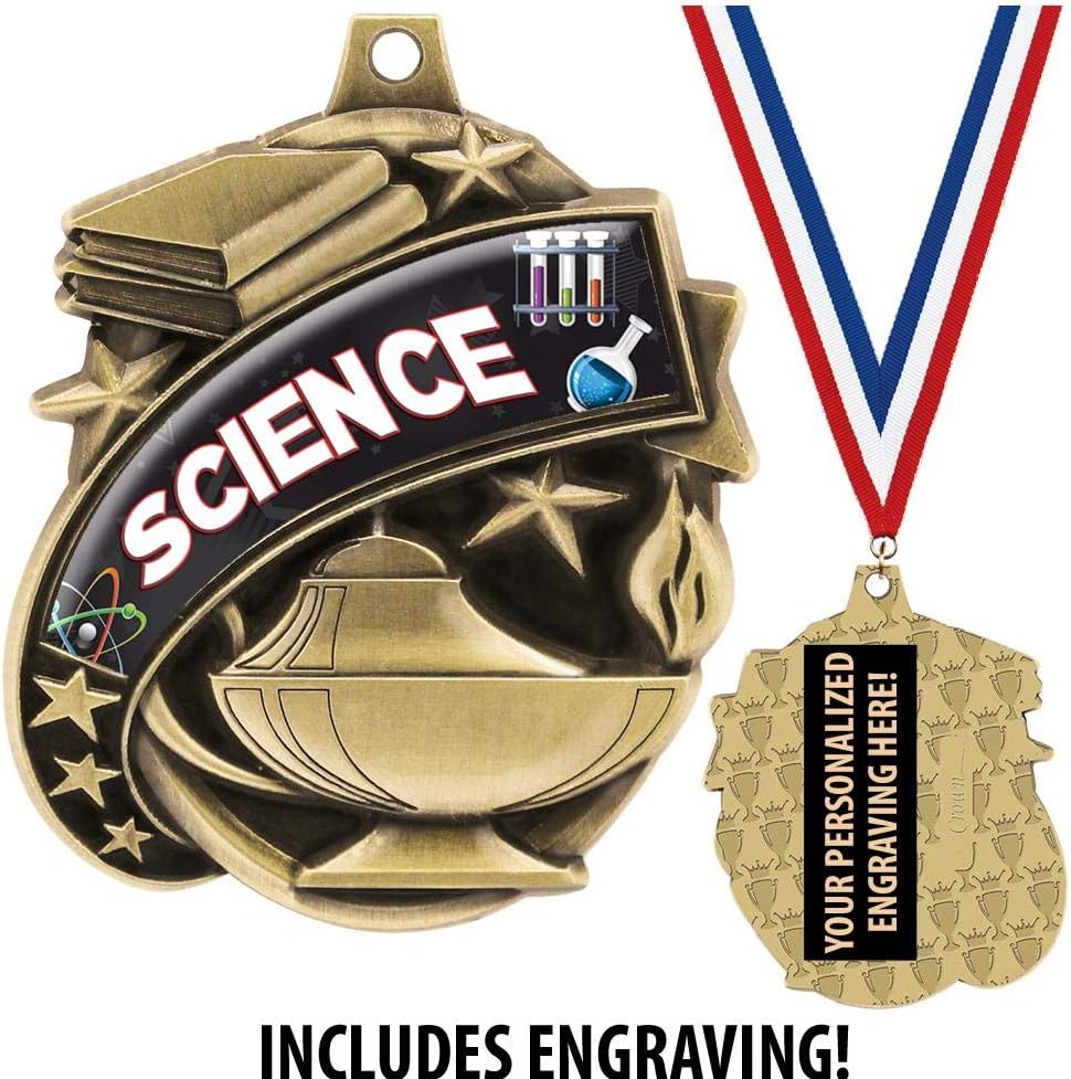 Science Medals - 1 1/2' Gold Science Fair Medal, Great Kids Science Awards with Custom Engraving Prime
