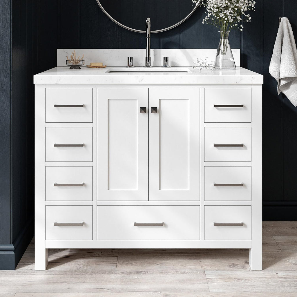 ARIEL Cambridge 42-inch Bathroom Vanity with Sink,Solid Wood, 1.5-inch Carrara White Quartz Countertop, Single Rectangular Porcelain Sink, 2 Soft Closing Doors, 9 Dovetail Drawers, White