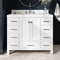ARIEL Cambridge 42-inch Bathroom Vanity with Sink,Solid Wood, 1.5-inch Carrara White Quartz Countertop, Single Rectangular Porcelain Sink, 2 Soft Closing Doors, 9 Dovetail Drawers, White
