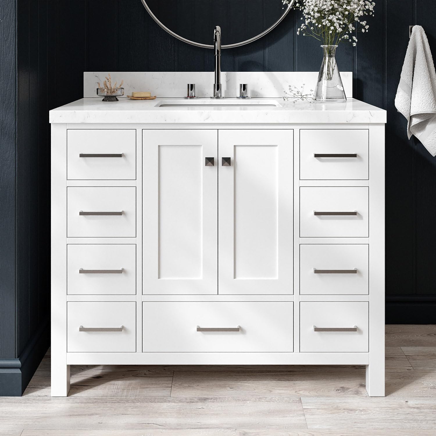 ARIEL Cambridge 42-inch Bathroom Vanity with Sink,Solid Wood, 1.5-inch Carrara White Quartz Countertop, Single Rectangular Porcelain Sink, 2 Soft Closing Doors, 9 Dovetail Drawers, White