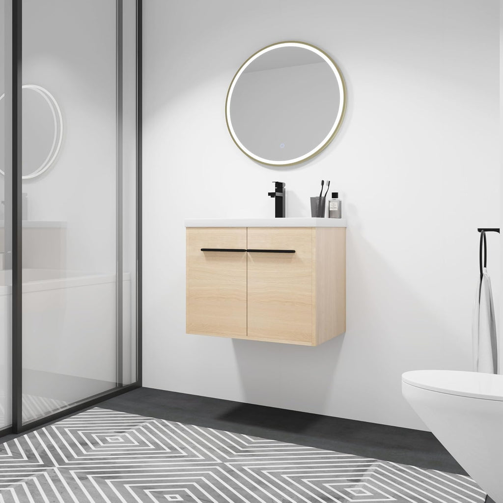 Floating Vanity Bathroom, 24 Inch Bathroom Vanity with Sink, Wall Mounted Single Sink Bathroom Vanity, Soft Closed Doors, Integrated Sink, Engineered Wood (Oak)