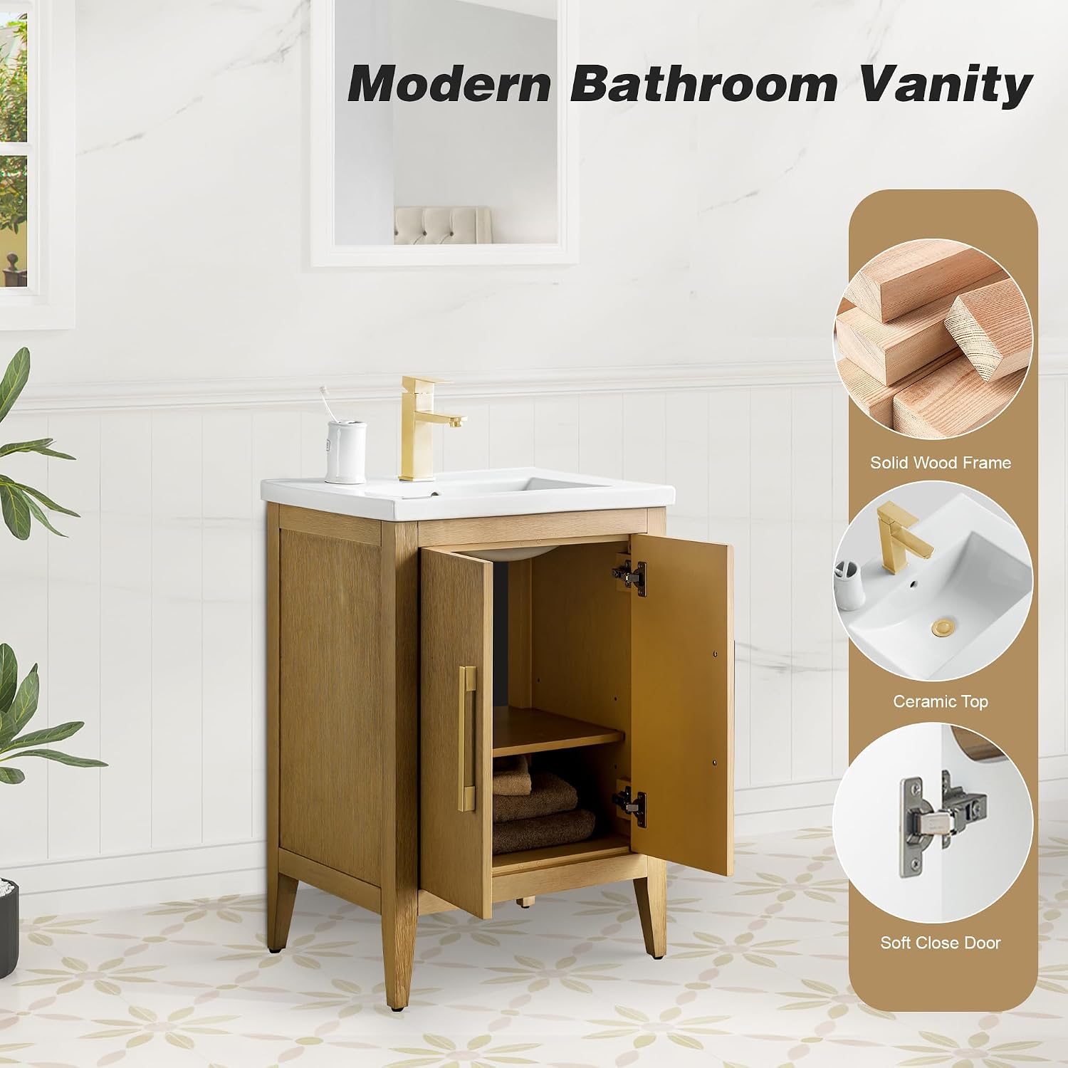 HOMEBEYOND 24 Inch Bathroom Vanities with Sink & Ceramic Top, Single Vanity Cabinet with Basin, Solid Wood Frame, Soft-Closing Doors & Golden Brushed Hardware, Natural Oak
