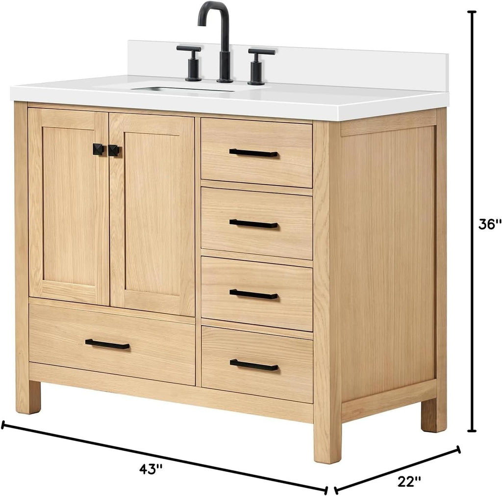 ARIEL Cambridge 42-Inch Oak Bathroom Vanity with Sink, Pure White Quartz Countertop 1.5' Miter Edge & 4' Backsplash, Porcelain Sink, Soft Closing Door & Drawer, Matte Black Hardware