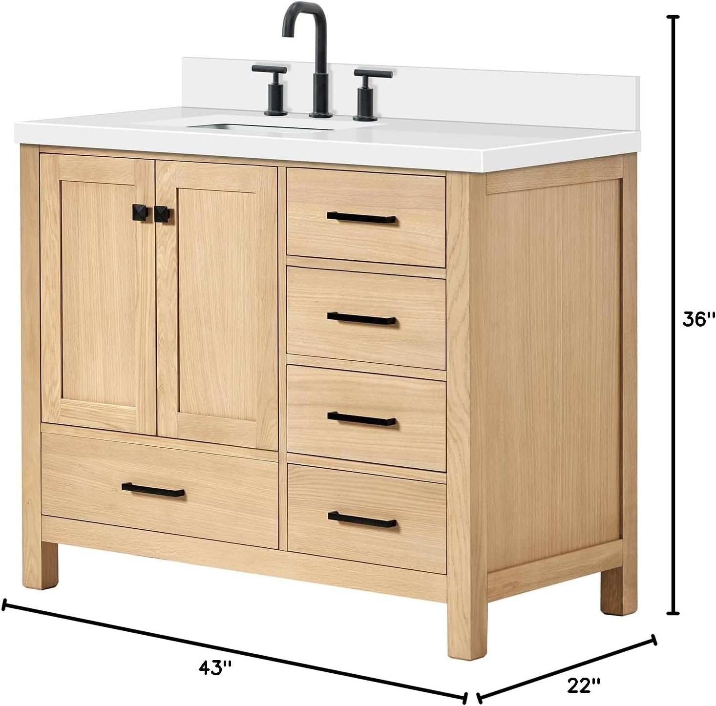 ARIEL Cambridge 42-Inch Oak Bathroom Vanity with Sink, Pure White Quartz Countertop 1.5' Miter Edge & 4' Backsplash, Porcelain Sink, Soft Closing Door & Drawer, Matte Black Hardware