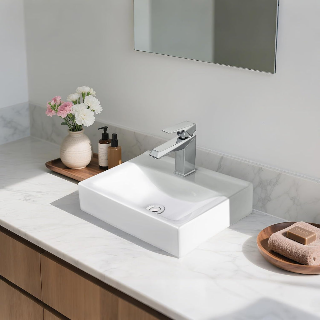 Aquaterior Rectangle Bathroom Vessel Sink Porcelain with Single Handle Faucet Pop-up Drain Combo White Vanity Sink Above Counter Modern for Lavatory Hotel Basin Home Washing Basin