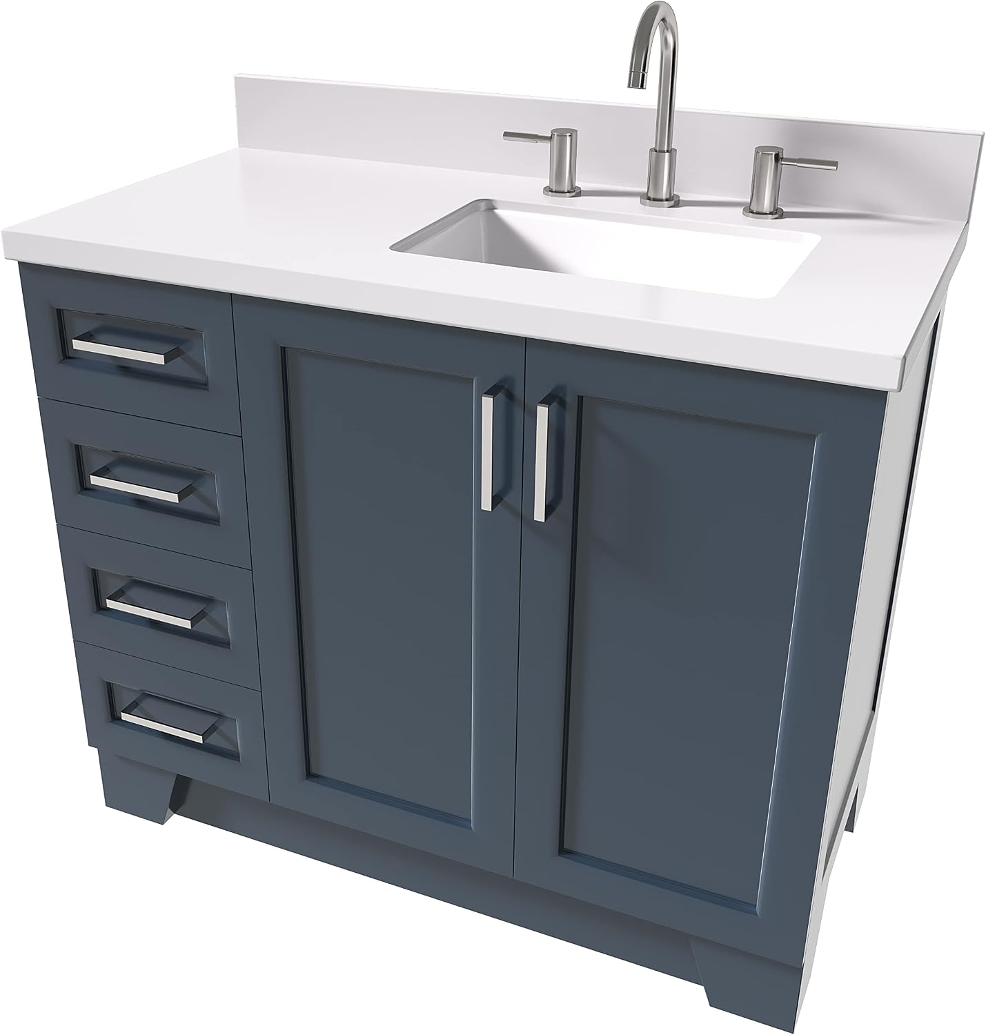 ARIEL Taylor 42-inch Bathroom Vanity with Sink,Solid Wood, 1.5-inch Pure White Quartz Countertop, Single Rectangular Porcelain Sink, 2 Soft Closing Doors, 5 Dovetail Drawers, Midnight Blue