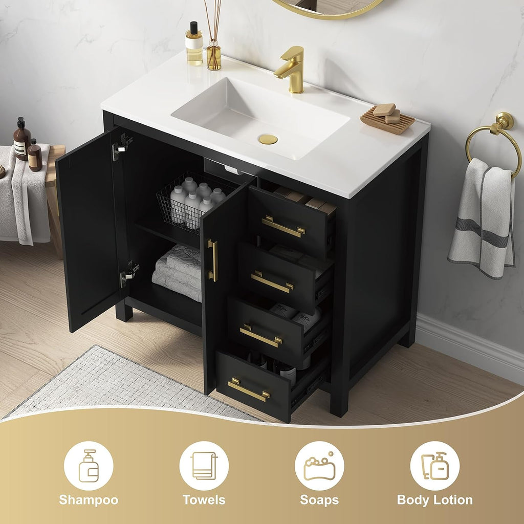 36 Inch Bathroom Vanity with Sink, Black Single Sink Bathroom Vanity with Adjustable Feet, Modern Bathroom Sink Cabinet with Soft-Closing Doors & Drawers, Integral Top