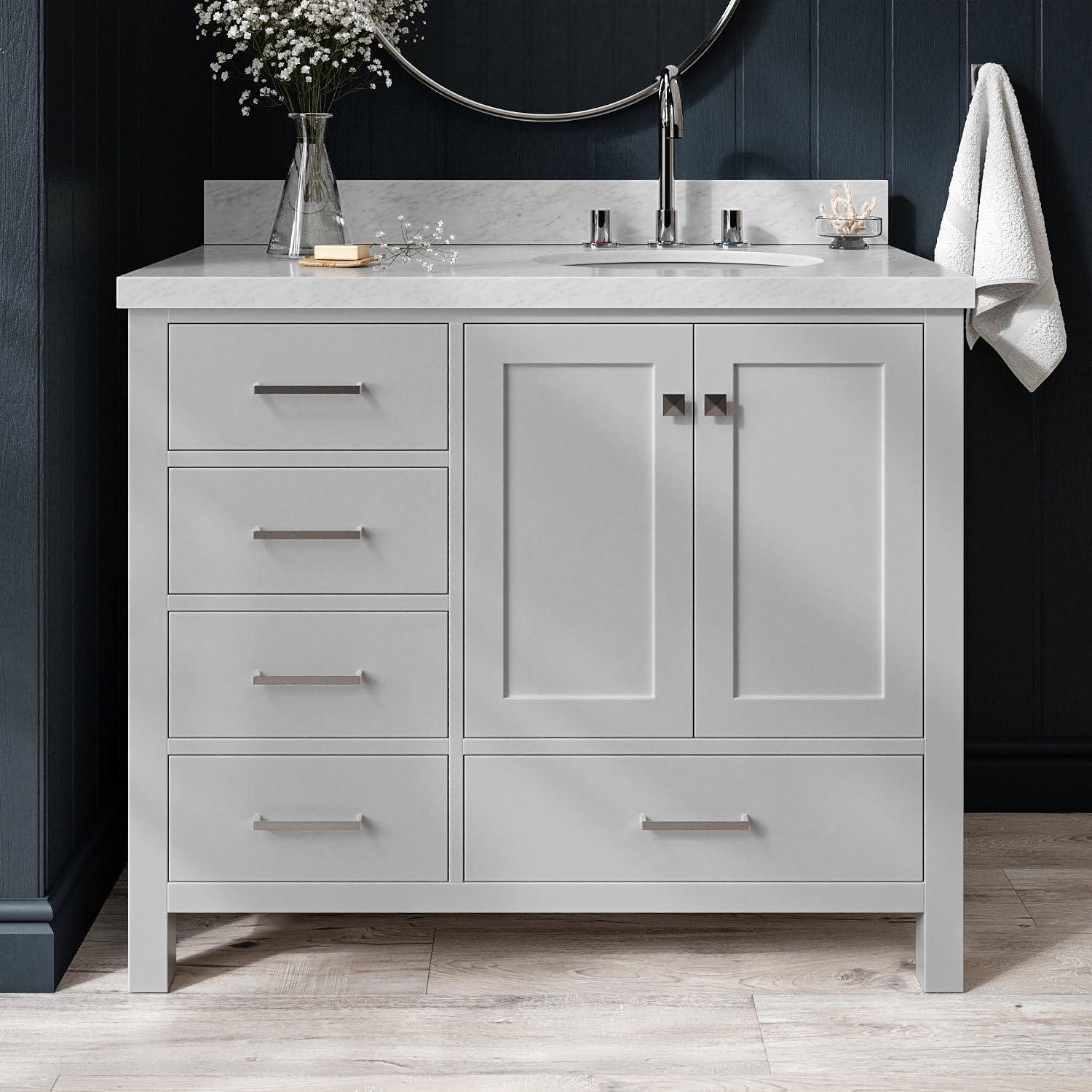 ARIEL Cambridge 42-inch Bathroom Vanity with Sink,Solid Wood, 1.5-inch Italian Carrara Marble Countertop & Backsplash, Single Oval Porcelain Sink, 2 Soft Closing Doors, 5 Dovetail Drawers, Grey