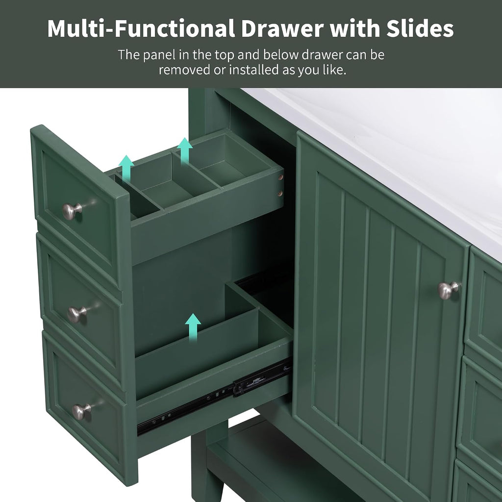 LUMISOL 36' Bathroom Vanity with Sink Combo, Bathroom Vanity Storage Cabinet with 3 Drawers & Open Shelf, Solid Wood Frame Bathroom Cabinet with Ceramic Sink, Green