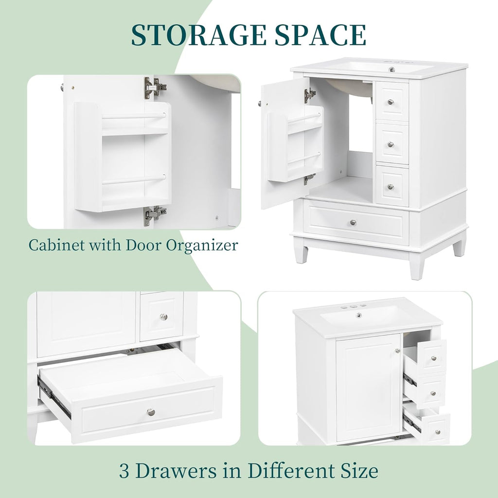 Mirightone 24' Vanity with Sink, Small Bathroom Vanities 24 Inch with Sink, Single Sink Bathroom Vanity with Door Shelf and Three Drawers, Restroom Vanity with Sink Top (White)