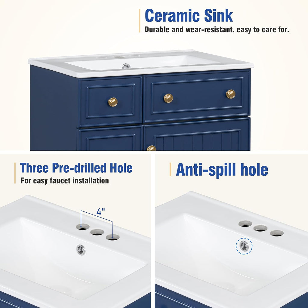 24-inch Bathroom Vanity with Sink Combo Set, Free-Standing Single Storage Cabinet with 2 Drawers and Single Door, Vanity with Ceramic Basin for Bathroom (Blue)