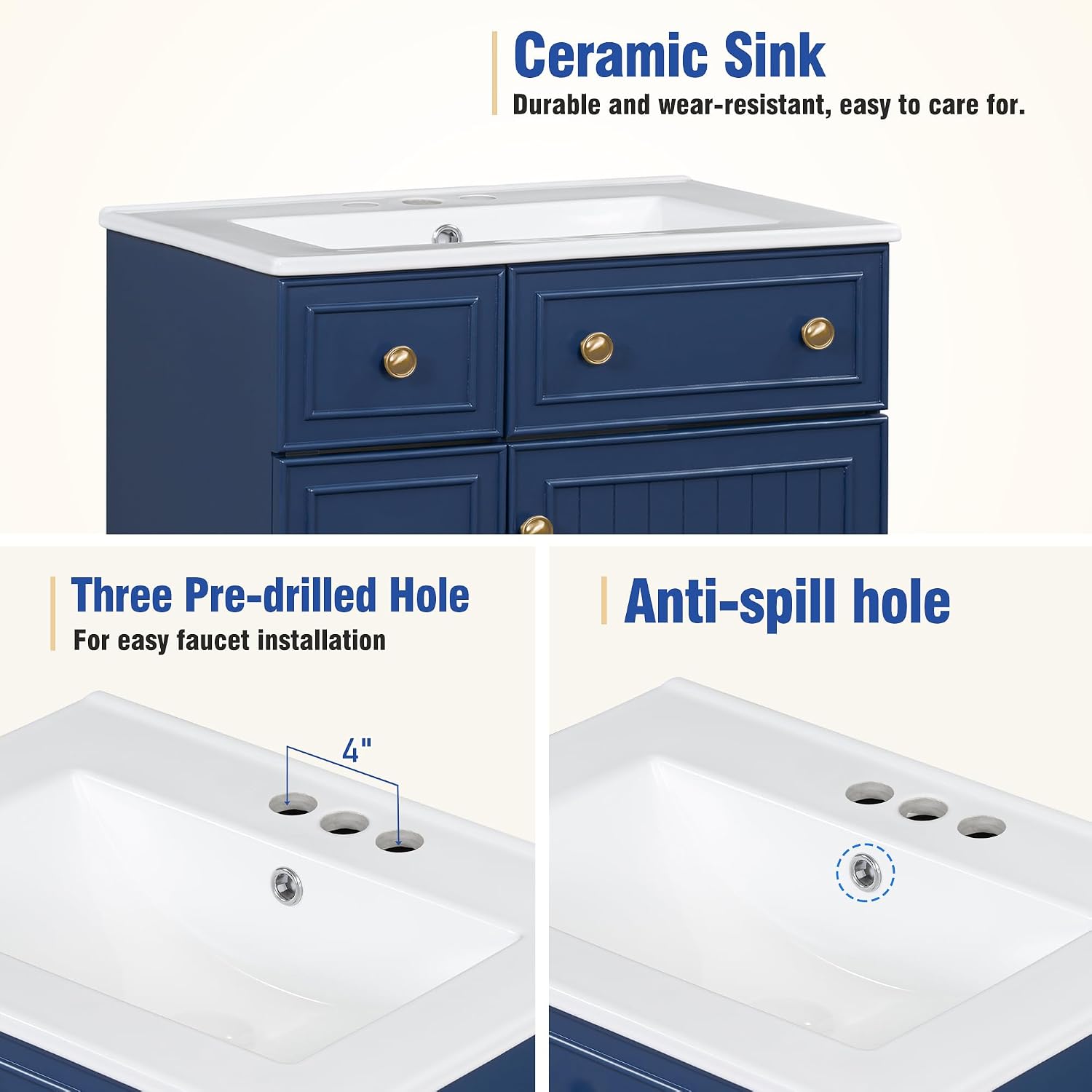 24-inch Bathroom Vanity with Sink Combo Set, Free-Standing Single Storage Cabinet with 2 Drawers and Single Door, Vanity with Ceramic Basin for Bathroom (Blue)
