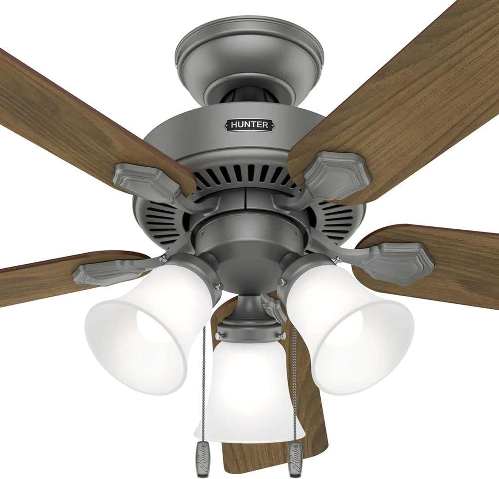 Hunter Fan 44 inch Matte Silver Indoor Ceiling Fan with Light and Pull Chain for Bedroom, Living Room, Office, Basement, Kitchen (Renewed), CC5C27C79