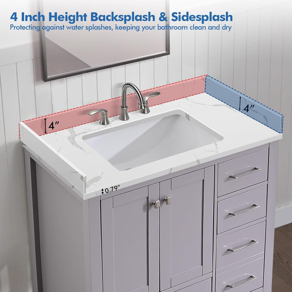 36 in.W x 22 in.D Quartz Calacatta River Vanity Top,with Undermount Middle Sink Vanity Top,with Two Sidesplash & One Backsplash,8 Inch Faucet Hole Spread Bathroom Vanity Sink Countertop