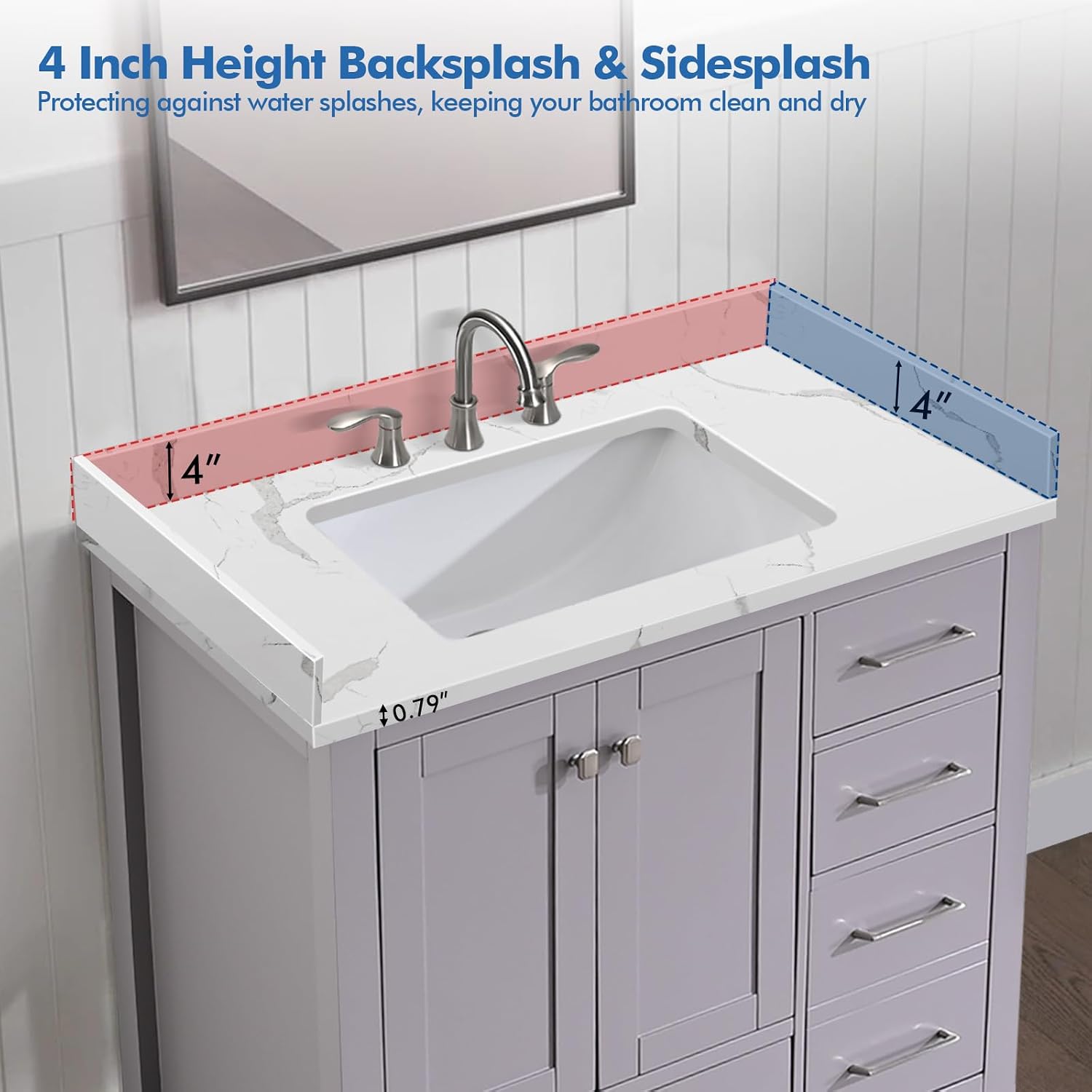 36 in.W x 22 in.D Quartz Calacatta River Vanity Top,with Undermount Middle Sink Vanity Top,with Two Sidesplash & One Backsplash,8 Inch Faucet Hole Spread Bathroom Vanity Sink Countertop