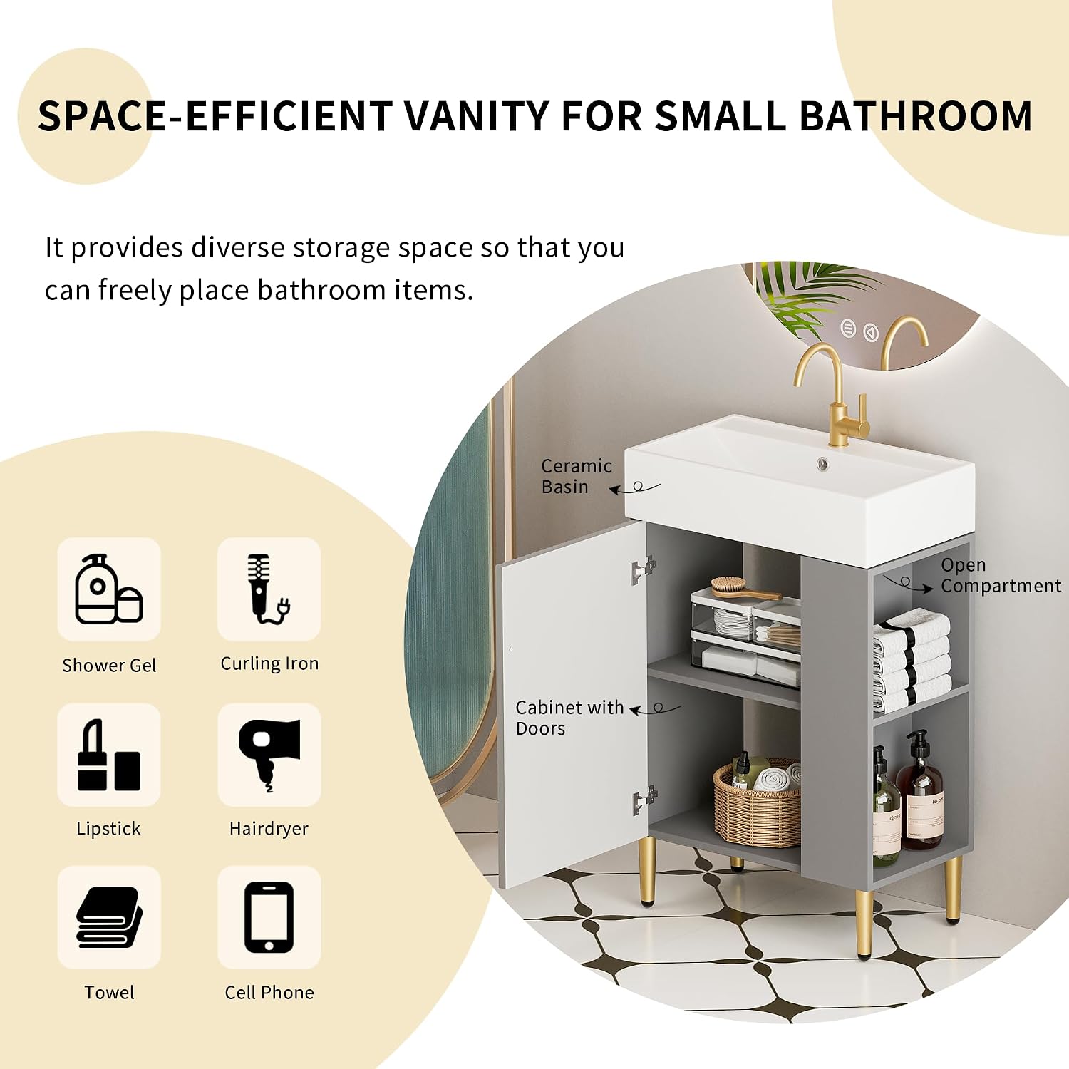 21.6 Inch Bathroom Vanity with Sink, Vanities with Square Ceramic Sink Top and Right Side Storage, Combo Stand Storage Cabinet Set for Small Bathroom (Matte Grey)