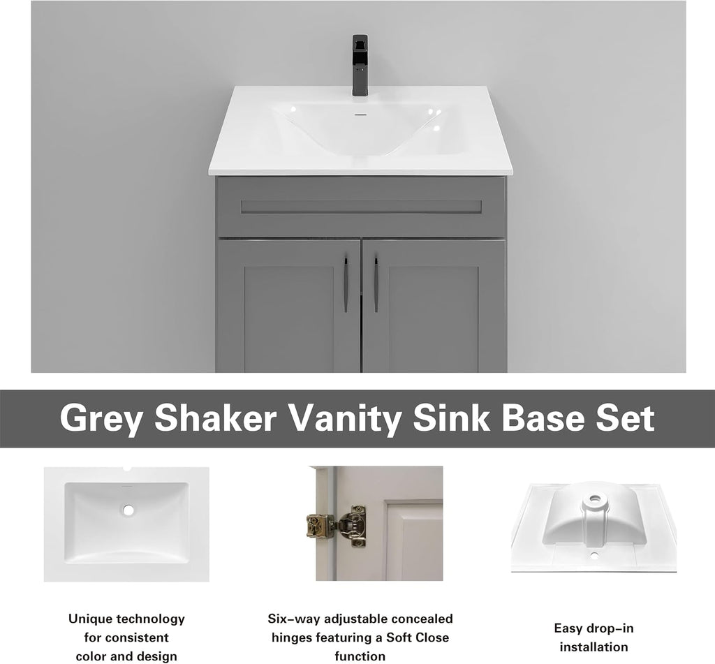 36' Grey Shaker Bathroom Vanity with Sink – Solid Surface One-Piece Top, Soft-Close Doors, Polyurethane Nano Resin Sink, Pre-Drilled Faucet Hole, Modern Bath Vanity Cabinet Set