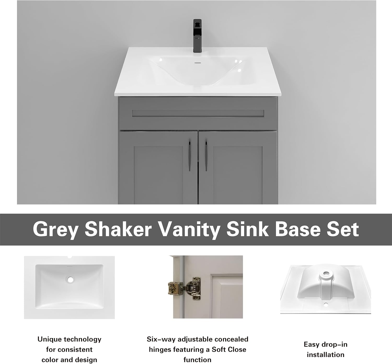 36' Grey Shaker Bathroom Vanity with Sink – Solid Surface One-Piece Top, Soft-Close Doors, Polyurethane Nano Resin Sink, Pre-Drilled Faucet Hole, Modern Bath Vanity Cabinet Set