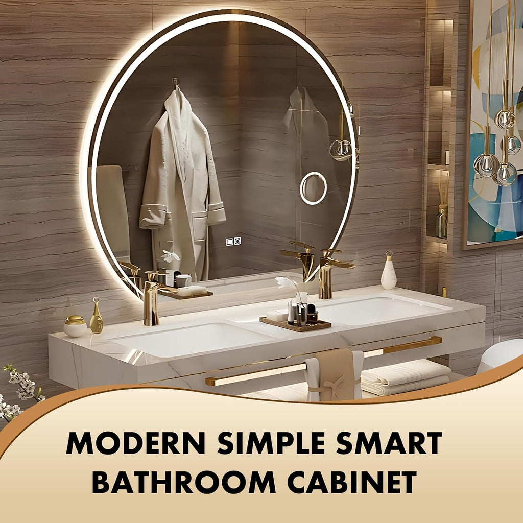88 Inch Luxury Bathroom Vanity, Floating Bathroom Vanity with Sink and LED Round Smart Defogger Mirror, Multilayer solid wood Spacious Storage Drawer Include Faucet and Drain Fittings,Double Sink