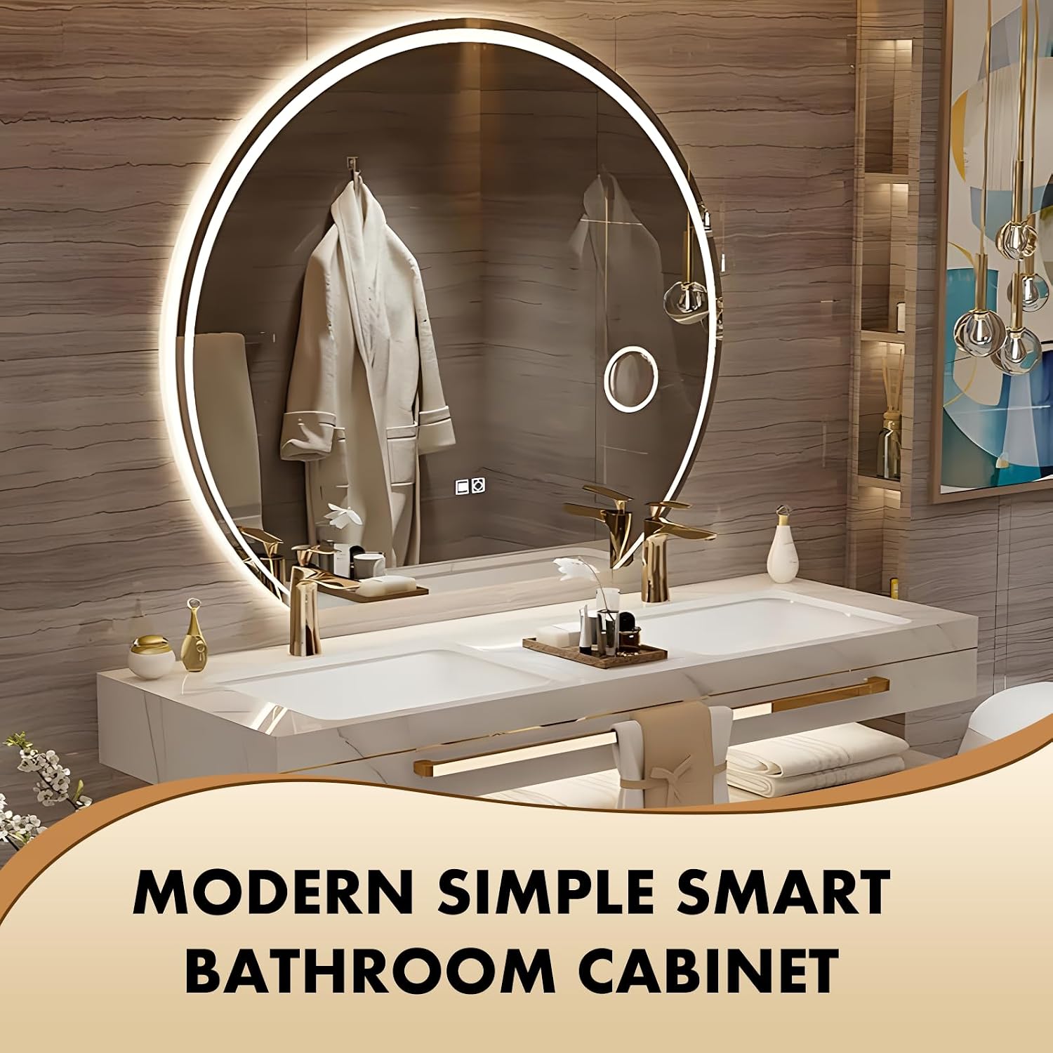 88 Inch Luxury Bathroom Vanity, Floating Bathroom Vanity with Sink and LED Round Smart Defogger Mirror, Multilayer solid wood Spacious Storage Drawer Include Faucet and Drain Fittings,Double Sink