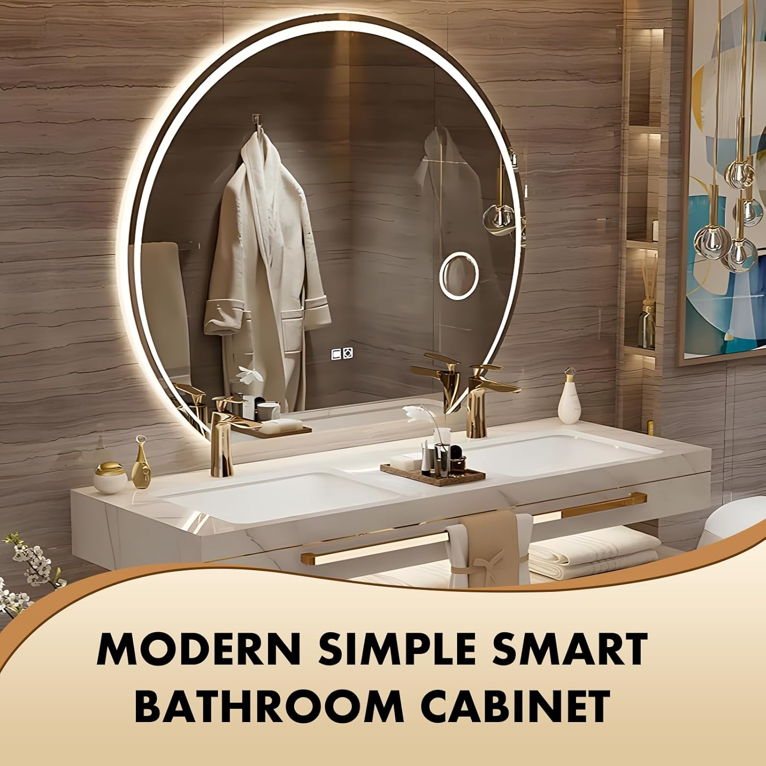 56 Inch Luxury Bathroom Vanity, Floating Bathroom Vanity with Sink and LED Round Smart Defogger Mirror, Multilayer solid wood Spacious Storage Drawer Include Faucet and Drain Fittings,Double Sink