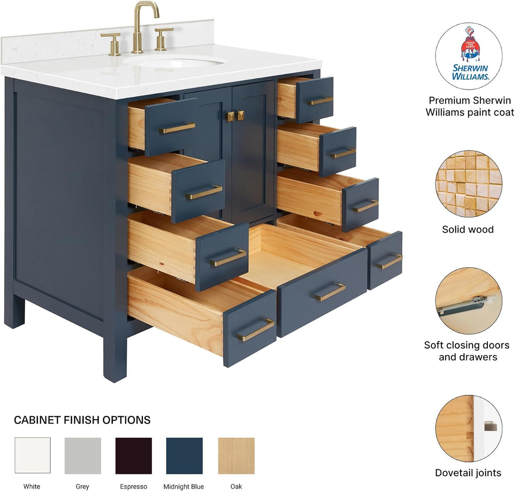 DKB Beckford 42-Inch Midnight Blue Single Bathroom Vanity with Sink, Solid Wood Cabinet, Carrara White Quartz Countertop, 1.5-Inch Edge, Oval Undermount Sink, 2 Soft Closing Doors, 9 Drawers