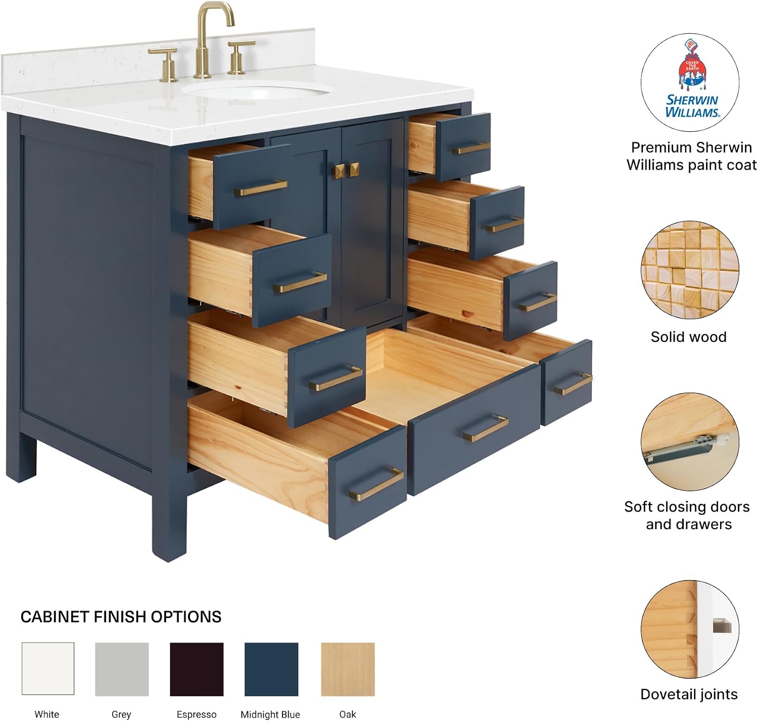 DKB Beckford 42-Inch Midnight Blue Single Bathroom Vanity with Sink, Solid Wood Cabinet, Carrara White Quartz Countertop, 1.5-Inch Edge, Oval Undermount Sink, 2 Soft Closing Doors, 9 Drawers