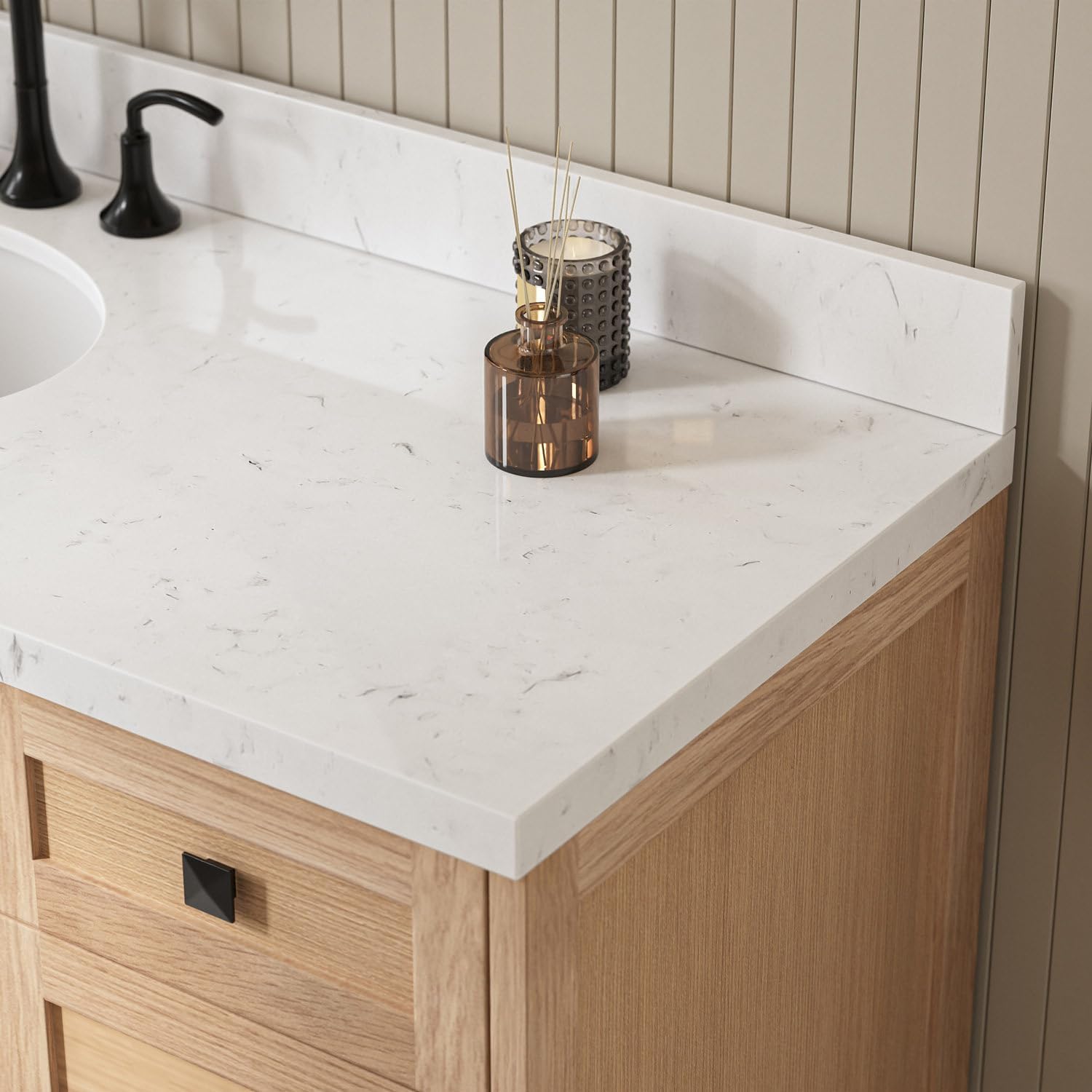 ARIEL Monroe 60-inch Bathroom Vanity with Sink,Solid Wood, 1.5-inch Carrara White Quartz Countertop, Single Oval Porcelain Sink, Dovetail Drawers, White Oak