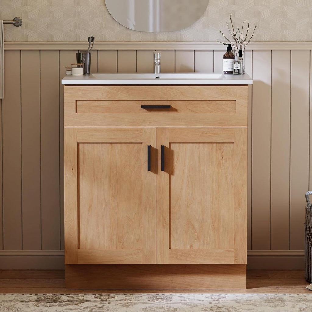 30 Inch Bathroom Vanity with Sink, Modern Storage Cabinet, Contains White Sink and Soft-Closing Door, Spacious Bathroom Storage Space (Nature with Sink, 30 Inch)