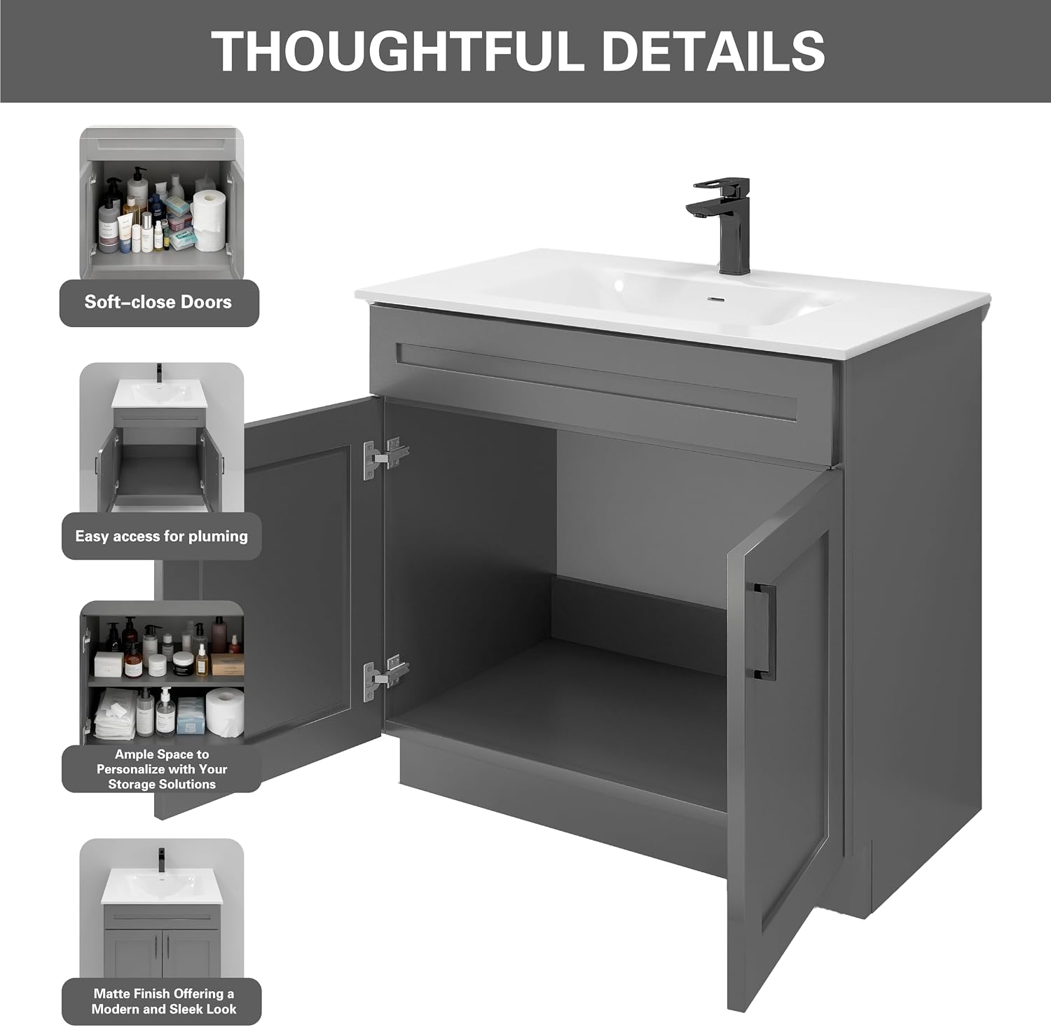 36' Grey Shaker Bathroom Vanity with Sink – Solid Surface One-Piece Top, Soft-Close Doors, Polyurethane Nano Resin Sink, Pre-Drilled Faucet Hole, Modern Bath Vanity Cabinet Set