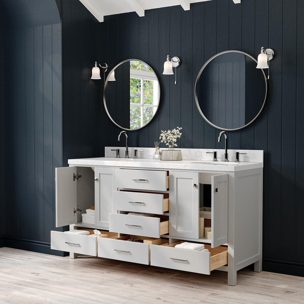 ARIEL Cambridge 66-inch Bathroom Vanity with Sink,Solid Wood, 1.5-inch Carrara White Quartz Countertop & Backsplash, Double Oval Porcelain Sink, 4 Soft Closing Doors, 6 Dovetail Drawers, Grey