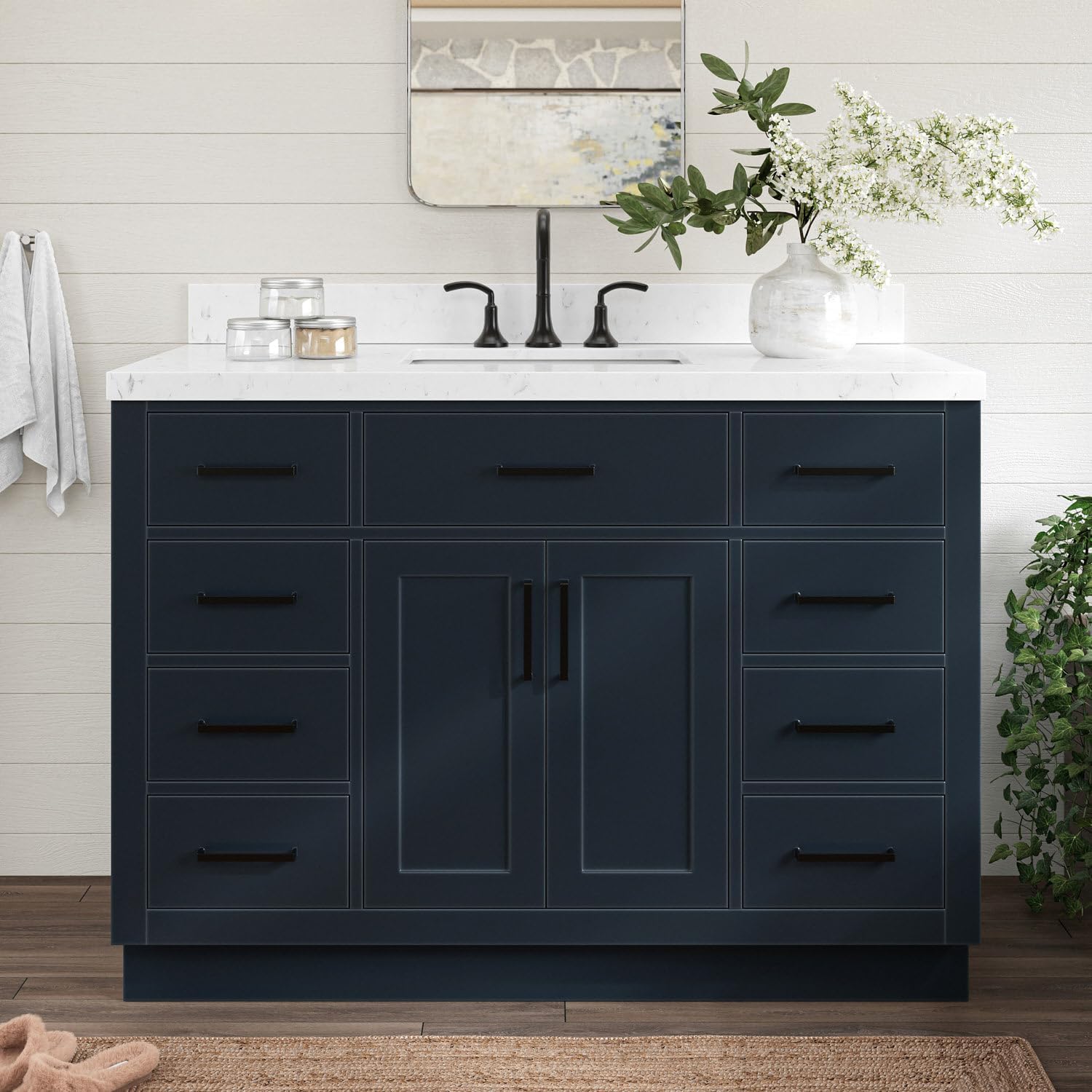 ARIEL Hepburn 48-inch Bathroom Vanity with Sink,Solid Wood, 1.5-inch Carrara White Quartz Countertop, Single Rectangular Porcelain Sink, 2 Soft Closing Doors, 9 Dovetail Drawers, Midnight Blue