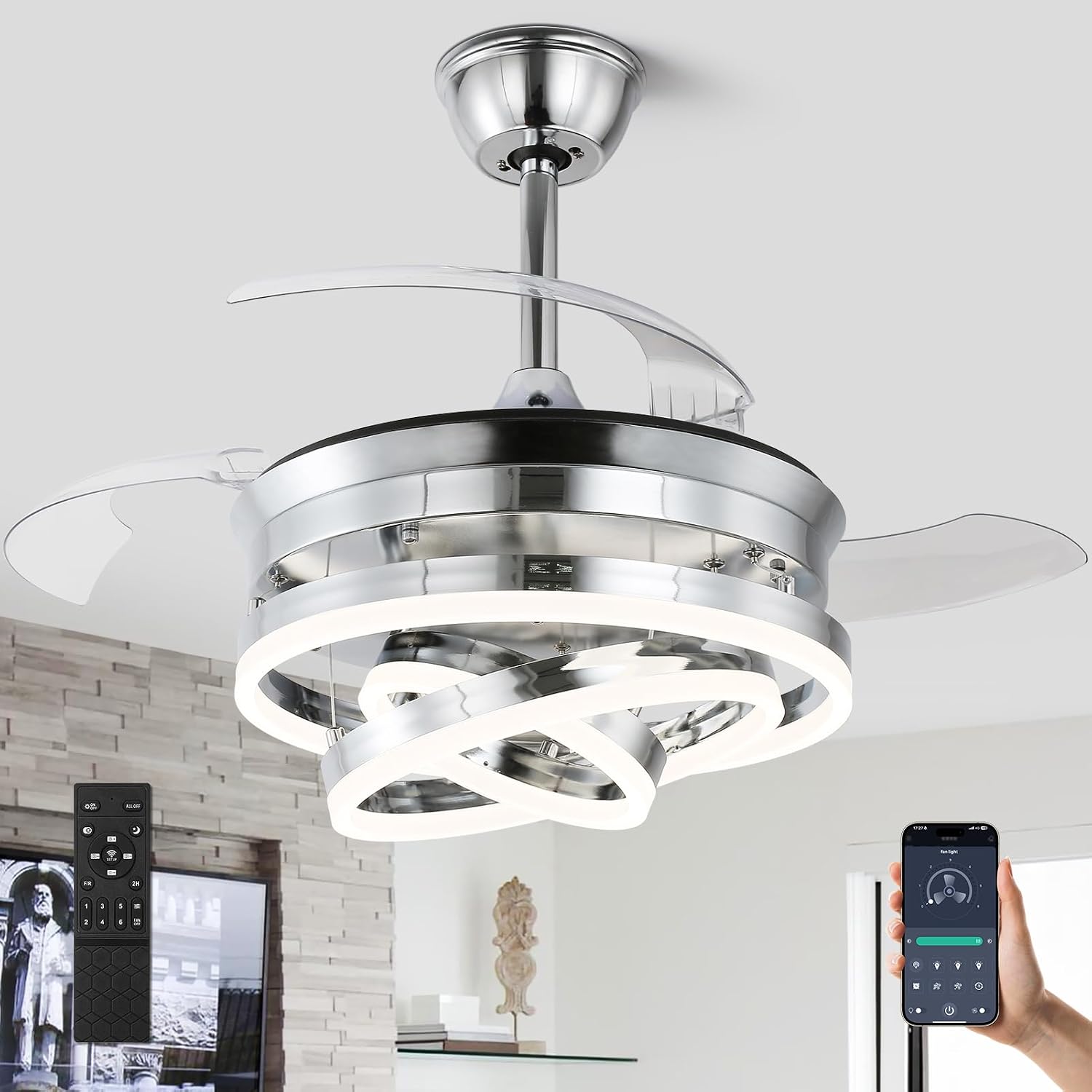 36 Inch Retractable Ceiling Fan with Lights,Dimmable,6 speeds,DC Motor,Modern DIY Ceiling Fan with Lights Remote Control for Bedroom Living Room Kitchen (Silver, 36 inch)