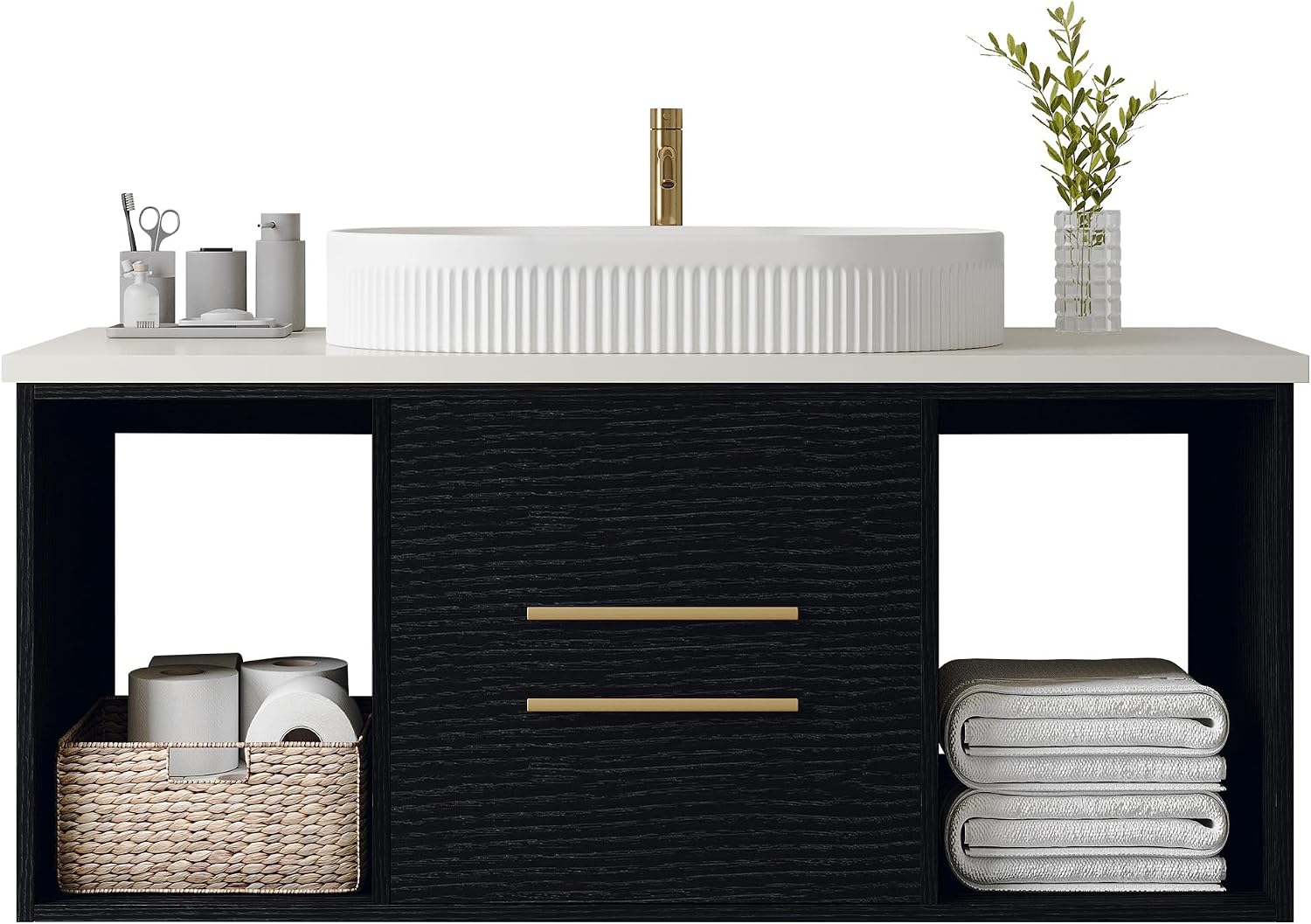 40' Floating Bathroom Vanities with Oval Ceramic Sink, Wall Mounted Bathroom Vanity Storage Cabinet with 2 Drawers and 2 Storage Spaces, Modern Bathroom Sink Cabinet with Gold Metal Handles,Black
