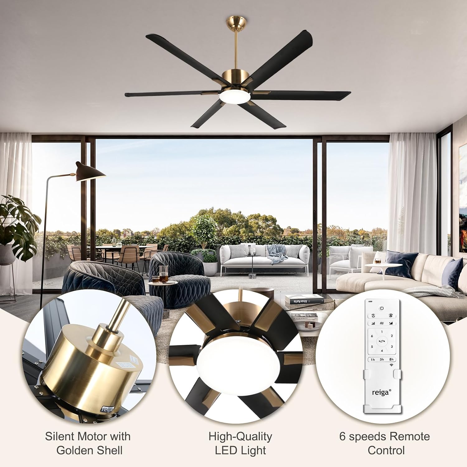 reiga 72' Indoor Outdoor Black Gold 6 Aluminum Metal Blades Extra Large Modern DC Ceiling Fan with Dimming LED Light Kit, 6 Speeds, Timer, Reversible Airflow Motor for Garage, Patio, Living Room