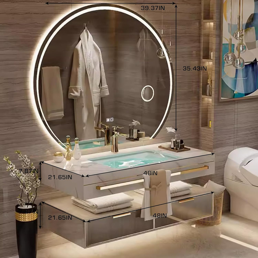48 Inch Luxury Bathroom Vanity, Floating Bathroom Vanity with Sink and LED Round Smart Defogger Mirror, Multilayer solid wood Spacious Storage Drawer Include Faucet and Drain Fittings,Single Sink