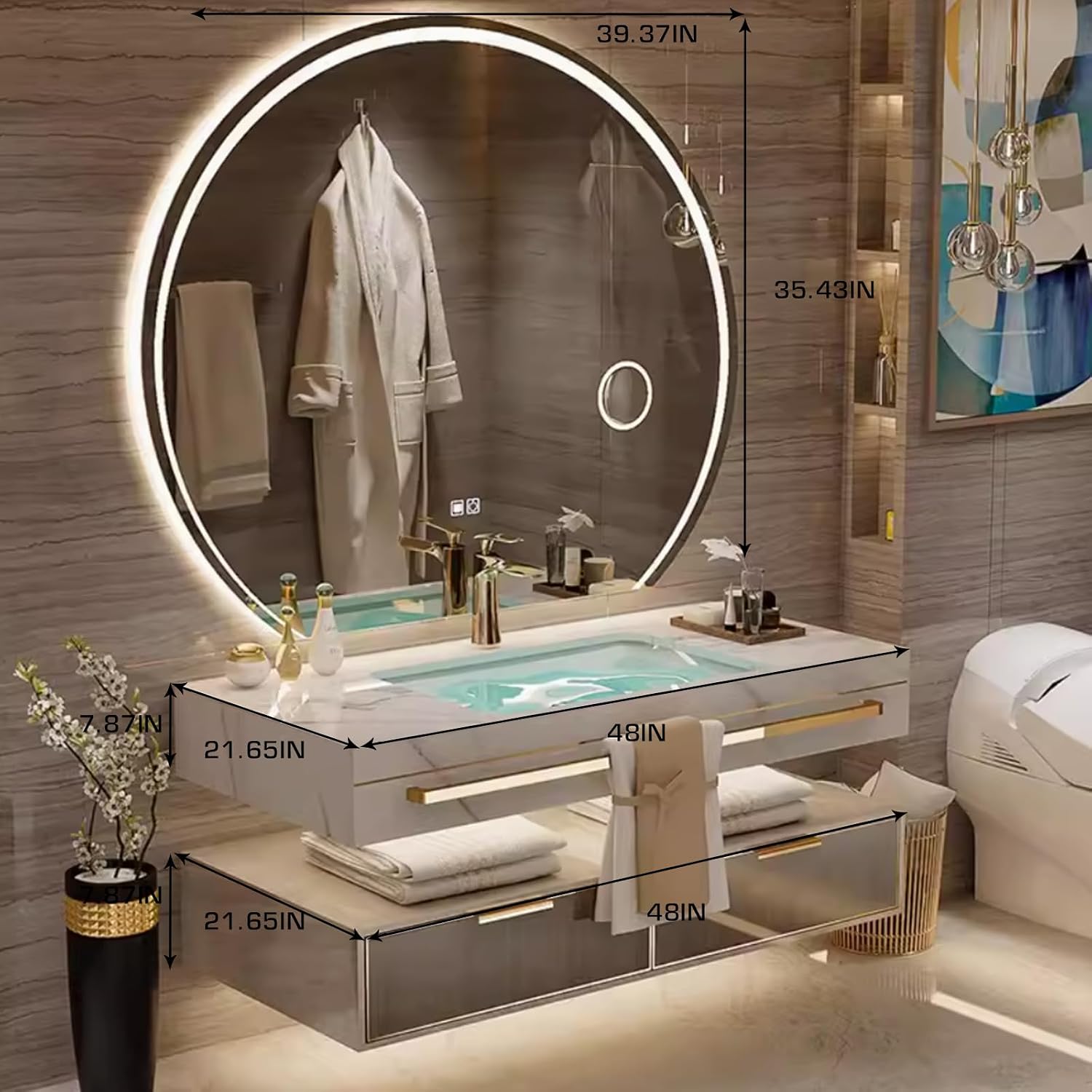 48 Inch Luxury Bathroom Vanity, Floating Bathroom Vanity with Sink and LED Round Smart Defogger Mirror, Multilayer solid wood Spacious Storage Drawer Include Faucet and Drain Fittings,Single Sink