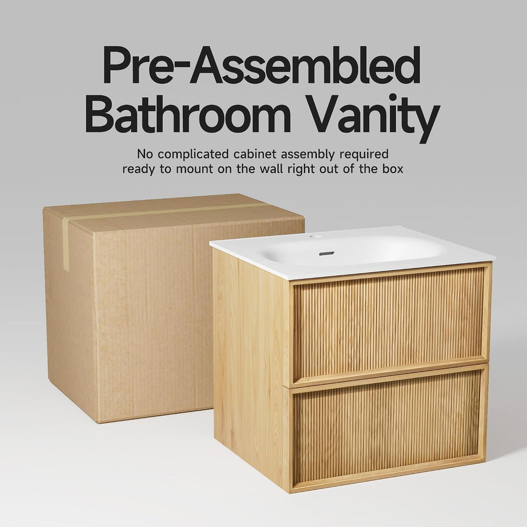 24' Japandi Floating Bathroom Vanity with Sink, Pre-Assembled Japandi Bathroom Sink Vanity, Wall Mounted with Integrated Stone Top and 2 Soft Close Drawers