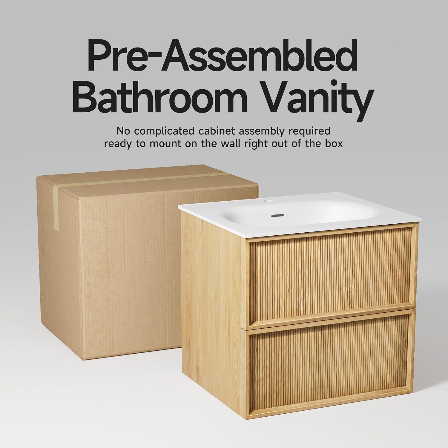 24' Japandi Floating Bathroom Vanity with Sink, Pre-Assembled Japandi Bathroom Sink Vanity, Wall Mounted with Integrated Stone Top and 2 Soft Close Drawers
