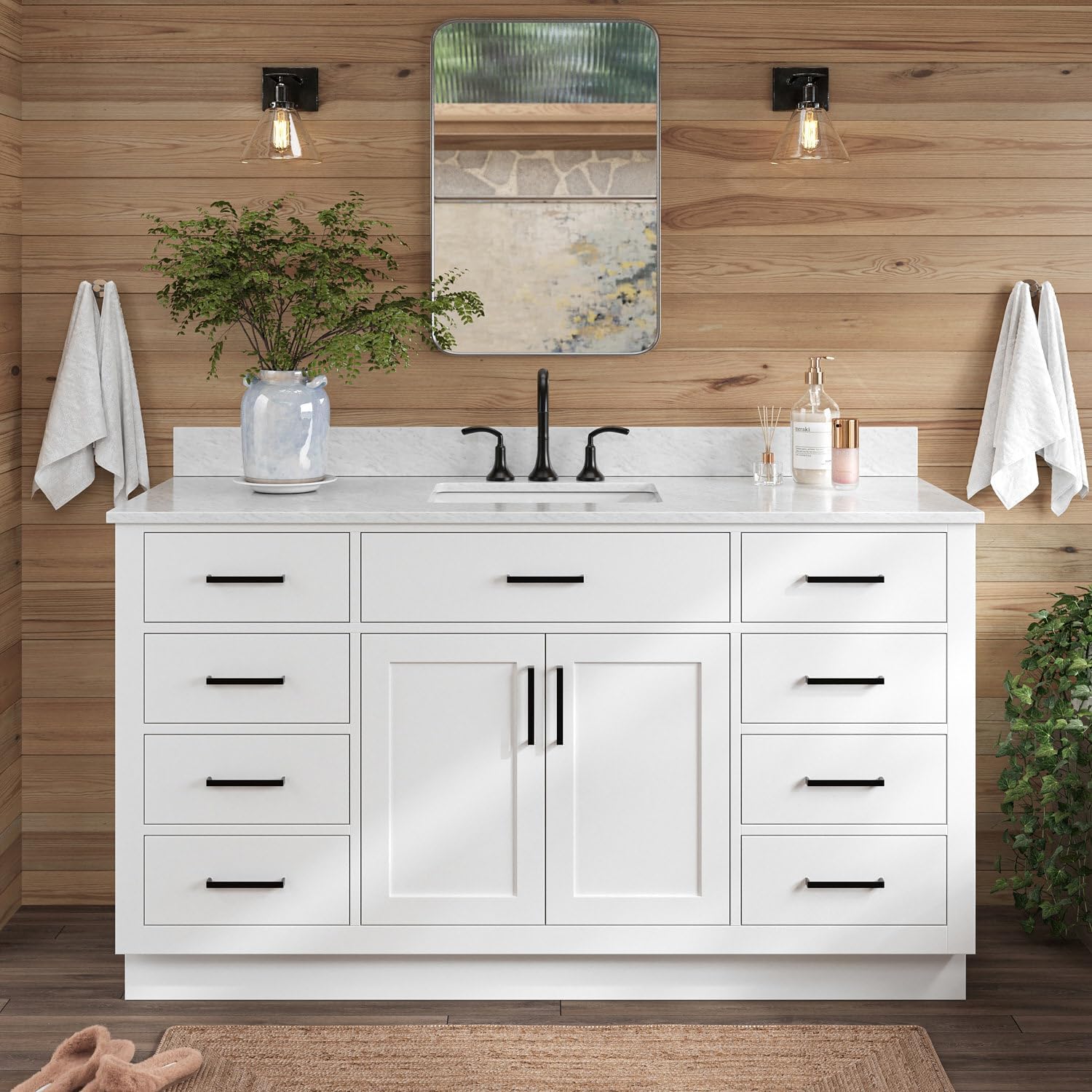 ARIEL Hepburn 60-inch Bathroom Vanity with Sink,Solid Wood, 0.75-inch Italian Carrara Marble Countertop, Single Rectangular Porcelain Sink, 2 Soft Closing Doors, 9 Dovetail Drawers, White